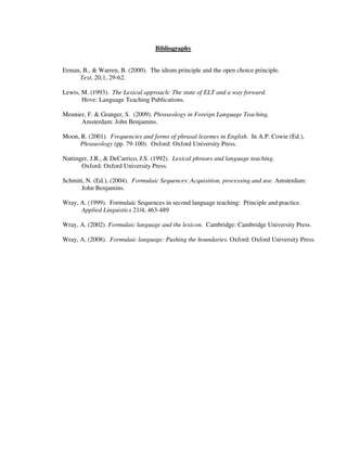 Bibliography


Erman, B., & Warren, B. (2000). The idiom principle and the open choice principle.
     Text, 20,1, 29-62.

Lewis, M. (1993). The Lexical approach: The state of ELT and a way forward.
       Hove: Language Teaching Publications.

Meunier, F. & Granger, S. (2009). Phraseology in Foreign Language Teaching.
      Amsterdam: John Benjamins.

Moon, R. (2001). Frequencies and forms of phrasal lexemes in English. In A.P. Cowie (Ed.),
     Phraseology (pp. 79-100). Oxford: Oxford University Press.

Nattinger, J.R., & DeCarrico, J.S. (1992). Lexical phrases and language teaching.
       Oxford: Oxford University Press.

Schmitt, N. (Ed.), (2004). Formulaic Sequences: Acquisition, processing and use. Amsterdam:
       John Benjamins.

Wray, A. (1999). Formulaic Sequences in second language teaching: Principle and practice.
      Applied Linguistics 21/4, 463-489

Wray, A. (2002). Formulaic language and the lexicon. Cambridge: Cambridge University Press.

Wray, A. (2008). Formulaic language: Pushing the boundaries. Oxford: Oxford University Press.
 