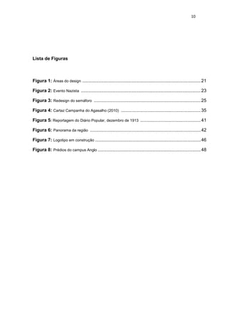10




Lista de Figuras



Figura 1: Áreas do design ............................................................................................ 21

Figura 2: Evento Nazista ............................................................................................. 23

Figura 3: Redesign do semáforo ................................................................................... 25

Figura 4: Cartaz Campanha do Agasalho (2010) .............................................................. 35

Figura 5: Reportagem do Diário Popular, dezembro de 1913 ............................................... 41

Figura 6: Panorama da região ...................................................................................... 42

Figura 7: Logotipo em construção .................................................................................. 46

Figura 8: Prédios do campus Anglo ................................................................................ 48
 