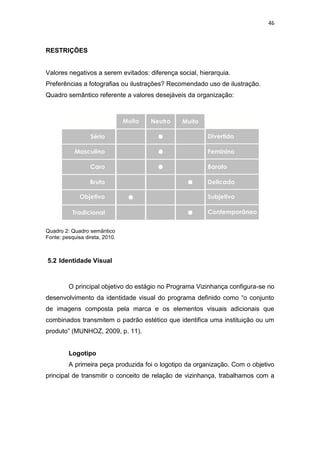 46



RESTRIÇÕES


Valores negativos a serem evitados: diferença social, hierarquia.
Preferências a fotografias ou ilustrações? Recomendado uso de ilustração.
Quadro semântico referente a valores desejáveis da organização:




Quadro 2: Quadro semântico
Fonte: pesquisa direta, 2010.



5.2 Identidade Visual



         O principal objetivo do estágio no Programa Vizinhança configura-se no
desenvolvimento da identidade visual do programa definido como “o conjunto
de imagens composta pela marca e os elementos visuais adicionais que
combinados transmitem o padrão estético que identifica uma instituição ou um
produto” (MUNHOZ, 2009, p. 11).


         Logotipo
         A primeira peça produzida foi o logotipo da organização. Com o objetivo
principal de transmitir o conceito de relação de vizinhança, trabalhamos com a
 