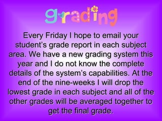 Every Friday I hope to email your student’s grade report in each subject area. We have a new grading system this year and I do not know the complete details of the system’s capabilities. At the end of the nine-weeks I will drop the lowest grade in each subject and all of the other grades will be averaged together to get the final grade. 