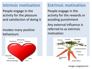 #NHSTform
Intrinsic motivation
People engage in the
activity for the pleasure
and satisfaction of doing it
Invokes many positive
behaviours
Extrinsic motivation
People engage in the
activity for the rewards or
avoiding punishment
Any external influence is
referred to as extrinsic
motivation
Images: pixgood.com
 