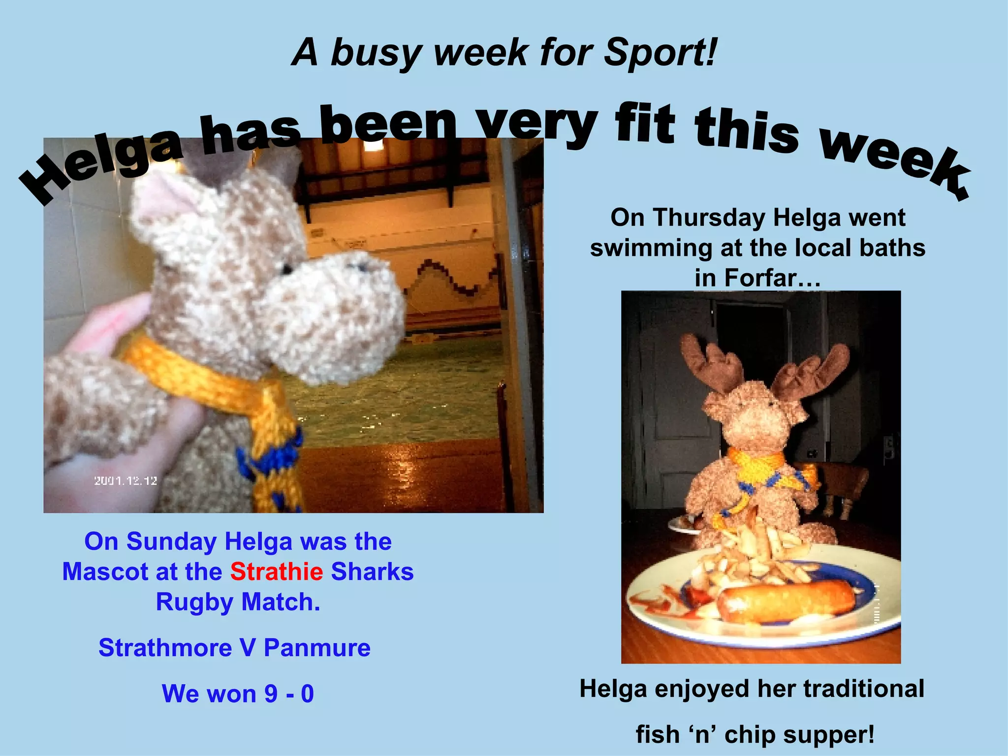 A busy week for Sport! On Thursday Helga went swimming at the local baths in Forfar… On Sunday Helga was the Mascot at the Strathie Sharks Rugby Match. Strathmore V Panmure We won 9 - 0 Helga has been very fit this week. Helga enjoyed her traditional fish ‘n’ chip supper!