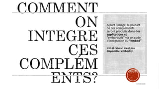 A part l’image, la plupart
de ces compléments
seront produits:dans des
applications et
“embarqués” via un code
d’intégration ou “embed”
==>si celui-ci n’est pas
disponible: embed.ly
10/15/2020
 
