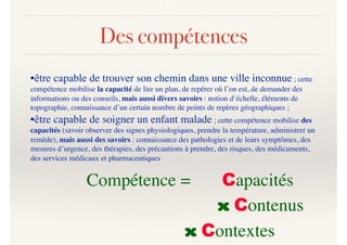 Des compétences
•être capable de trouver son chemin dans une ville inconnue ; cette
compétence mobilise la capacité de lire un plan, de repérer où l’on est, de demander des
informations ou des conseils, mais aussi divers savoirs : notion d’échelle, éléments de
topographie, connaissance d’un certain nombre de points de repères géographiques ;
•être capable de soigner un enfant malade ; cette compétence mobilise des
capacités (savoir observer des signes physiologiques, prendre la température, administrer un
remède), mais aussi des savoirs : connaissance des pathologies et de leurs symptômes, des
mesures d’urgence, des thérapies, des précautions à prendre, des risques, des médicaments,
des services médicaux et pharmaceutiques
Compétence = Capacités
x Contenus
x Contextes
 