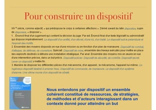 Pour construire un dispositif
Nous entendons par dispositif un ensemble
cohérent constitué de ressources, de stratégies,
de méthodes et d’acteurs interagissant dans un
contexte donné pour atteindre un but
 