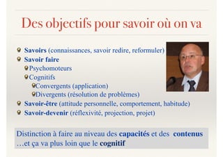 Des objectifs pour savoir où on va
Savoirs (connaissances, savoir redire, reformuler)
Savoir faire
Psychomoteurs
Cognitifs
Convergents (application)
Divergents (résolution de problèmes)
Savoir-être (attitude personnelle, comportement, habitude)
Savoir-devenir (réflexivité, projection, projet)
Distinction à faire au niveau des capacités et des contenus
…et ça va plus loin que le cognitif
 