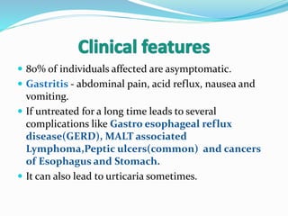  80% of individuals affected are asymptomatic.
 Gastritis - abdominal pain, acid reflux, nausea and
vomiting.
 If untreated for a long time leads to several
complications like Gastro esophageal reflux
disease(GERD), MALT associated
Lymphoma,Peptic ulcers(common) and cancers
of Esophagus and Stomach.
 It can also lead to urticaria sometimes.
 