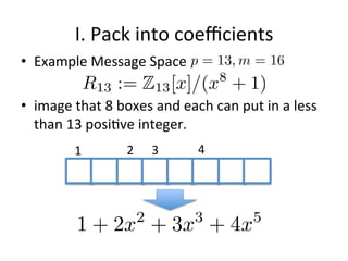 Learning	
  With	
  Errors
•  LWE-­‐AssumpFon	
  
•  Ring-­‐LWE:	
  use	
  a	
  polynomial	
  ring	
  instead	
  
13
[On	
  lajces,	
  learning	
  with	
  errors,	
  random.	
  Regev	
  2005	
  ]
 
