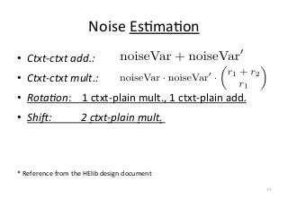 Noise	
  EsFmaFon
•  Ctxt-­‐ctxt	
  add.:	
  	
  
•  Ctxt-­‐ctxt	
  mult.:	
  
•  Rota9on:	
  	
  	
  	
  1	
  ctxt-­‐plain	
  mult.,	
  1	
  ctxt-­‐plain	
  add.	
  
•  ShiP:	
  	
  	
  	
  	
  	
  	
  	
  	
  	
  	
  2	
  ctxt-­‐plain	
  mult.
44
*	
  Reference	
  from	
  the	
  HElib	
  design	
  document
 