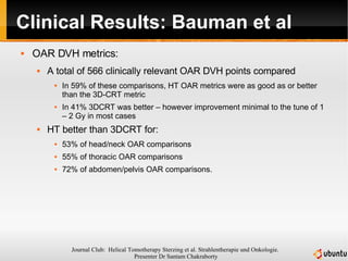 Clinical Results: Bauman et al OAR DVH metrics: A total of 566 clinically relevant OAR DVH points compared In 59% of these comparisons, HT OAR metrics were as good as or better than the 3D-CRT metric In 41% 3DCRT was better – however improvement minimal to the tune of 1 – 2 Gy in most cases  HT better than 3DCRT for: 53% of head/neck OAR comparisons 55% of thoracic OAR comparisons 72% of abdomen/pelvis OAR comparisons. 