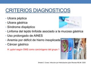 CRITERIOS DIAGNOSTICOS
• Ulcera péptica
• Ulcera gástrica
• Síndrome dispéptico
• Linfoma del tejido linfoide asociado a la mucosa gástrica
• Uso prolongado de AINES
• Anemia por déficit de hierro inexplicada
• Cáncer gástrico
Sheila E. Crowe. Infección por Helicobacter pylori.Revista NEJM. 2020
H. pylori según OMS como carcinógeno del grupo 1
 