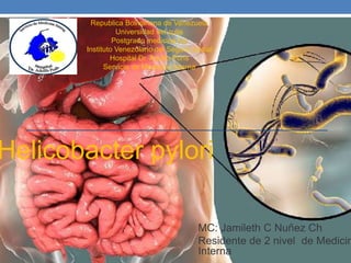 MC: Jamileth C Nuñez Ch
Residente de 2 nivel de Medicin
Interna
Republica Bolivariana de Venezuela
Universidad del zulia
Postgrado medicina luz
Instituto Venezolano del Seguro Social
Hospital Dr. Adolfo Pons
Servicio de Medicina Interna
Helicobacter pylori
 