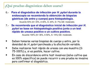 ¿Qué pruebas diagnósticas deben usarse?
6.-   Para el diagnóstico de infección por H. pylori durante la
      endoscopia se recomienda la obtención de biopsias
      gástricas (de antro y cuerpo) para histopatología.
            Acuerdo 93% (A+ 33%, A 40%, A- 20%, D- 7%) GE: moderado.
7.-   Se recomienda que el diagnóstico inicial de infección por H.
      pylori se base en histopatología positiva junto a un test
      rápido de ureasa positivo o un cultivo positivo.
              Acuerdo 100% (A+ 36%, A 50%, A- 14%) GE: moderado.


     Deben tomarse varias biopsias de cuerpo y antro, por la
      densidad de H. pylori parcheada y la afectación variable.
     Debe realizarse test rápido de ureasa con una muestra (S:
      75-100%) y, si es posible, hacer cultivo.
     En caso de discordancia entre test invasivos (salvo cultivo que
      es 100% específico) se puede recurrir a una prueba no invasiva
      para confirmar el diagnóstico.
 