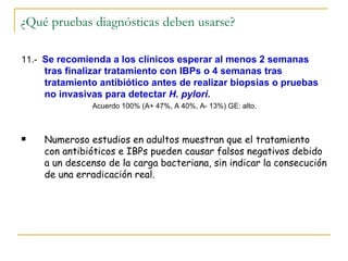 ¿Qué pruebas diagnósticas deben usarse?

11.- Se recomienda a los clínicos esperar al menos 2 semanas
    tras finalizar tratamiento con IBPs o 4 semanas tras
    tratamiento antibiótico antes de realizar biopsias o pruebas
    no invasivas para detectar H. pylori.
              Acuerdo 100% (A+ 47%, A 40%, A- 13%) GE: alto.



   Numeroso estudios en adultos muestran que el tratamiento
    con antibióticos e IBPs pueden causar falsos negativos debido
    a un descenso de la carga bacteriana, sin indicar la consecución
    de una erradicación real.
 