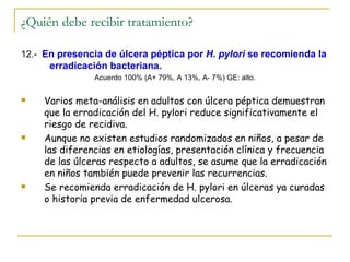 ¿Quién debe recibir tratamiento?

12.- En presencia de úlcera péptica por H. pylori se recomienda la
      erradicación bacteriana.
                Acuerdo 100% (A+ 79%, A 13%, A- 7%) GE: alto.


    Varios meta-análisis en adultos con úlcera péptica demuestran
     que la erradicación del H. pylori reduce significativamente el
     riesgo de recidiva.
    Aunque no existen estudios randomizados en niños, a pesar de
     las diferencias en etiologías, presentación clínica y frecuencia
     de las úlceras respecto a adultos, se asume que la erradicación
     en niños también puede prevenir las recurrencias.
    Se recomienda erradicación de H. pylori en úlceras ya curadas
     o historia previa de enfermedad ulcerosa.
 