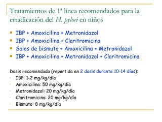 Tratamientos de 1ª línea recomendados para la
erradicación del H. pylori en niños
   IBP + Amoxicilina + Metronidazol
   IBP + Amoxicilina + Claritromicina
   Sales de bismuto + Amoxicilina + Metronidazol
   IBP + Amoxicilina + Metronidazol + Claritromicina

Dosis recomendada (repartida en 2 dosis durante 10-14 días):
• IBP: 1-2 mg/kg/día
• Amoxicilina: 50 mg/kg/día
• Metronidazol: 20 mg/kg/día
• Claritromicina: 20 mg/kg/día
• Bismuto: 8 mg/kg/día
 