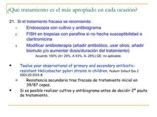¿Qué tratamiento es el más apropiado en cada ocasión?
21. Si el tratamiento fracasa se recomienda:
    1.       Endoscopia con cultivo y antibiograma
    2.       FISH en biopsias con parafina si no hecha susceptibilidad a
             claritromicina
    3.       Modificar antibioterapia (añadir antibiótico, usar otros, añadir
             bismuto y/o aumentar dosis/duración del tratamiento)
                  Acuerdo 100% (A+ 29%, A 43%, A- 28%) GE: no aplicable.

        Twelve year observational of primary and secondary antibiotic-
         resistant Helicobacter pylori strains in children. Pediatr Infect Dis J
         2001;20:1033-8.
            Resistencia secundaria tras fracaso de tratamiento inicial en
             39/87 cepas.
        Si es posible realizar cultivo y antibiograma antes de decidir 2ª pauta
         de tratamiento.
 