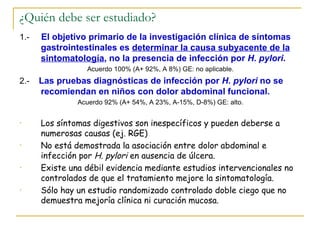 ¿Quién debe ser estudiado?
1.-   El objetivo primario de la investigación clínica de síntomas
      gastrointestinales es determinar la causa subyacente de la
      sintomatología, no la presencia de infección por H. pylori.
                 Acuerdo 100% (A+ 92%, A 8%) GE: no aplicable.
2.-   Las pruebas diagnósticas de infección por H. pylori no se
      recomiendan en niños con dolor abdominal funcional.
               Acuerdo 92% (A+ 54%, A 23%, A-15%, D-8%) GE: alto.


•     Los síntomas digestivos son inespecíficos y pueden deberse a
      numerosas causas (ej. RGE)
•     No está demostrada la asociación entre dolor abdominal e
      infección por H. pylori en ausencia de úlcera.
•     Existe una débil evidencia mediante estudios intervencionales no
      controlados de que el tratamiento mejore la sintomatología.
•     Sólo hay un estudio randomizado controlado doble ciego que no
      demuestra mejoría clínica ni curación mucosa.
 