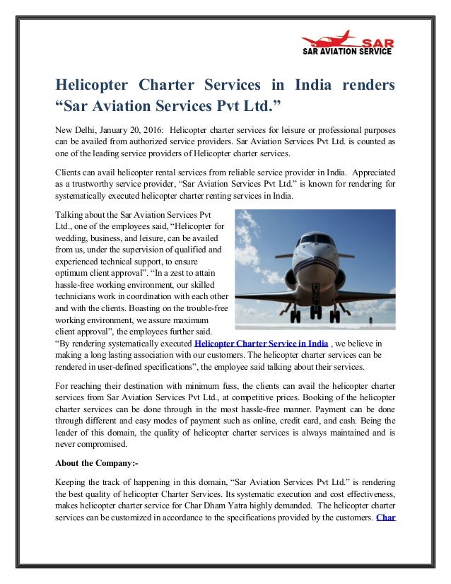 Helicopter charter services in india renders “sar aviation services pvt