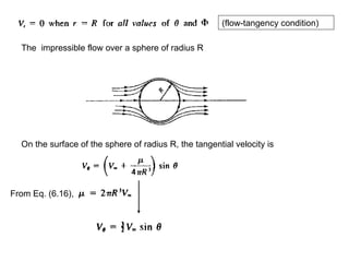 The  impressible flow over a sphere of radius R (flow-tangency condition) On the surface of the sphere of radius R, the tangential velocity is From Eq. (6.16),  