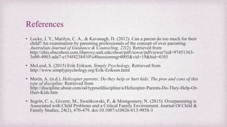 References
• Locke, J. Y., Marilyn, C. A., & Kavanagh, D. (2012). Can a parent do too much for their
child? An examination by parenting professionals of the concept of over parenting.
Australian Journal of Guidance & Counseling, 22(2). Retrieved from
http://ehis.ebscohost.com.libproxy.unh.edu/ehost/pdfviewer/pdfviewer?sid=97451363-
3e00-4903-ada7-e154f4238410%40sessionmgr4005&vid=19&hid=4103
• McLeod, S. (2015) Erik Erikson. Simply Psychology. Retrieved from
http://www.simplypsychology.org/Erik-Erikson.html
• Morin, A. (n.d.). Helicopter parents: Do they help or hurt kids: The pros and cons of this
type of discipline. Retrieved from
http://discipline.about.com/od/typesofdiscipline/a/Helicopter-Parents-Do-They-Help-Or-
Hurt-Kids.htm
• Segrin, C. s., Givertz, M., Swaitkowski, P., & Montgomery, N. (2015). Overparenting is
Associated with Child Problems and a Critical Family Environment. Journal Of Child &
Family Studies, 24(2), 470-479. doi:10.1007/s10826-013-9858-3
 