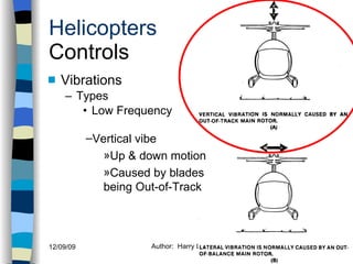 Helicopters Controls Vibrations Types Low Frequency History Configurations Types of Rotor Systems Forces Acting on the Rotor Flight Conditions Controls Stabilizer Controls Vibrations Power Systems Vertical vibe Up & down motion Caused by blades being Out-of-Track 