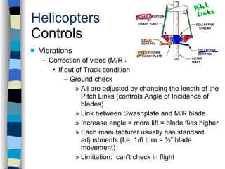 Helicopters Controls Vibrations Correction of vibes (M/R & T/R) If out of Track condition Ground check All are adjusted by changing the length of the Pitch Links (controls Angle of Incidence of blades) Link between Swashplate and M/R blade Increase angle = more lift = blade flies higher Each manufacturer usually has standard adjustments (I.e. 1/6 turn = ½” blade movement) Limitation:  can’t check in flight History Configurations Types of Rotor Systems Forces Acting on the Rotor Flight Conditions Controls Stabilizer Controls Vibrations Power Systems 