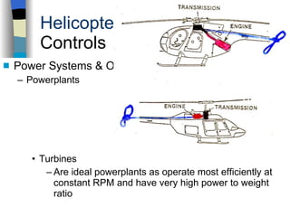 Helicopters Controls Power Systems & Other Components Powerplants Turbines Are ideal powerplants as operate most efficiently at constant RPM and have very high power to weight ratio History Configurations Types of Rotor Systems Forces Acting on the Rotor Flight Conditions Controls Stabilizer Controls Vibrations Power Systems 