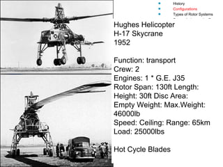 Helicopters Configurations Single Rotor History Configurations Types of Rotor Systems Forces Acting on the Rotor Flight Conditions Controls Stabilizer Controls Vibrations Power Systems Hughes Helicopter  H-17 Skycrane 1952 Function: transport Crew: 2  Engines: 1 * G.E. J35 Rotor Span: 130ft Length: Height: 30ft Disc Area:  Empty Weight: Max.Weight: 46000lb Speed: Ceiling: Range: 65km Load: 25000lbs Hot Cycle Blades 