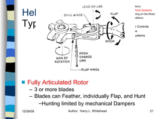 Helicopters Types of Rotors Fully Articulated Rotor 3 or more blades Blades can Feather, individually Flap, and Hunt History Configurations Types of Rotor Systems Forces Acting on the Rotor Flight Conditions Controls Stabilizer Controls Vibrations Power Systems Hunting limited by mechanical Dampers 