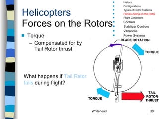 Helicopters Forces on the Rotors Torque Compensated for by Tail Rotor thrust History Configurations Types of Rotor Systems Forces Acting on the Rotor Flight Conditions Controls Stabilizer Controls Vibrations Power Systems What happens if  Tail Rotor fails  during flight? 