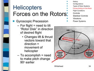 Helicopters Forces on the Rotors Gyroscopic Precession For flight = need to tilt “Rotor Disk” in direction of desired flight Changes lift & thrust vectors toward that direction = movement of helicopter To accomplish = need to make pitch change 90 o  earlier History Configurations Types of Rotor Systems Forces Acting on the Rotor Flight Conditions Controls Stabilizer Controls Vibrations Power Systems De sired direction of flight 