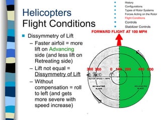 Helicopters Flight Conditions Dissymmetry of Lift Faster airfoil = more lift on  Advancing  side (and less lift on Retreating side) Lift not equal =  Dissymmetry of Lift Without compensation = roll to left (and gets more severe with speed increase) History Configurations Types of Rotor Systems Forces Acting on the Rotor Flight Conditions Controls Stabilizer Controls Vibrations Power Systems 