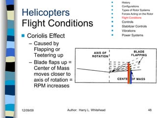 Helicopters Flight Conditions Coriolis Effect Caused by Flapping or Teetering up Blade flaps up = Center of Mass moves closer to axis of rotation = RPM increases History Configurations Types of Rotor Systems Forces Acting on the Rotor Flight Conditions Controls Stabilizer Controls Vibrations Power Systems 