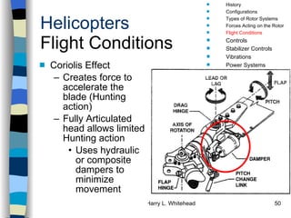 Helicopters Flight Conditions Coriolis Effect Creates force to accelerate the blade (Hunting action) Fully Articulated head allows limited Hunting action Uses hydraulic or composite dampers to minimize movement History Configurations Types of Rotor Systems Forces Acting on the Rotor Flight Conditions Controls Stabilizer Controls Vibrations Power Systems 