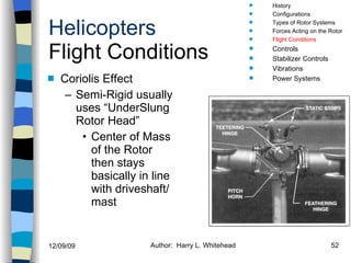 Helicopters Flight Conditions Coriolis Effect Semi-Rigid usually uses “UnderSlung Rotor Head” Center of Mass of the Rotor then stays basically in line with driveshaft/mast History Configurations Types of Rotor Systems Forces Acting on the Rotor Flight Conditions Controls Stabilizer Controls Vibrations Power Systems 
