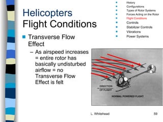 Helicopters Flight Conditions Transverse Flow Effect As airspeed increases = entire rotor has basically undisturbed airflow = no Transverse Flow Effect is felt History Configurations Types of Rotor Systems Forces Acting on the Rotor Flight Conditions Controls Stabilizer Controls Vibrations Power Systems 