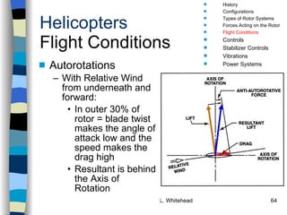 Helicopters Flight Conditions Autorotations With Relative Wind from underneath and forward: In outer 30% of rotor = blade twist makes the angle of attack low and the speed makes the drag high Resultant is behind the Axis of Rotation History Configurations Types of Rotor Systems Forces Acting on the Rotor Flight Conditions Controls Stabilizer Controls Vibrations Power Systems 