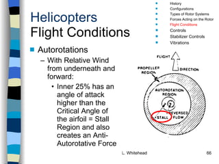 Helicopters Flight Conditions Autorotations With Relative Wind from underneath and forward: Inner 25% has an angle of attack higher than the Critical Angle of the airfoil = Stall Region and also creates an Anti-Autorotative Force History Configurations Types of Rotor Systems Forces Acting on the Rotor Flight Conditions Controls Stabilizer Controls Vibrations Power Systems 