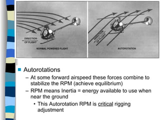 Helicopters Flight Conditions Autorotations At some forward airspeed these forces combine to stabilize the RPM (achieve equilibrium) RPM means Inertia = energy available to use when near the ground This Autorotation RPM is  critical  rigging adjustment History Configurations Types of Rotor Systems Forces Acting on the Rotor Flight Conditions Controls Stabilizer Controls Vibrations Power Systems 