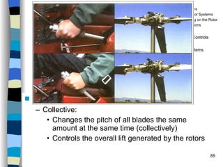 Helicopters Controls Axes of Flight Collective: Changes the pitch of all blades the same amount at the same time (collectively) Controls the overall lift generated by the rotors History Configurations Types of Rotor Systems Forces Acting on the Rotor Flight Conditions Controls Stabilizer Controls Vibrations Power Systems 