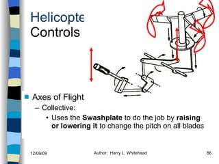 Helicopters Controls Axes of Flight Collective: Uses the  Swashplate  to do the job by  raising or lowering it  to change the pitch on all blades  History Configurations Types of Rotor Systems Forces Acting on the Rotor Flight Conditions Controls Stabilizer Controls Vibrations Power Systems 