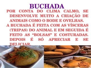 BUCHADA
POR  CONTA  DO  CLIMA  CALMO,  SE 
DESENVOLVE  MUITO  A  CRIAÇÃO  DE 
ANIMAIS COMO O BODE E OVELHAS. 
A BUCHADA É FEITA COM AS VÍSCERAS 
(TRIPAS) DO ANIMAL E EM SEGUIDA É 
FEITO  AS  “BOLSAS”  E  COSTURADAS. 
DEPOIS  É  SÓ  APRECIAR  E  SE 
DELICIAR. 
 