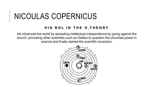 NICOULAS COPERNICUS
H I S R O L I N T H E H . T H E O R Y
He infuenced the world by spreading intellectual independence by going against the
church, provoking other scientists such as Galileo to question the churches power in
science and finally started the scientific revolution.
 