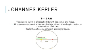 JOHANNES KEPLER
1 s t L A W
The planets travel in elliptical orbits with the sun at one focus.
 All previous astronomical theories had the planets travelling in circles, or
combinations of circles.
 Kepler has chosen a different geometric figure.
 
