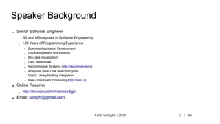 Amir Sedighi - 2015 2 /
Speaker Background
● Senior Software Engineer
– BS and MS degrees in Software Engineering
– +20 Years of Programming Experience
● Business Application Development
● Log Management and Forensic
● Big-Data Visualization
● Data Warehouse
● Recommender Systems (http://recommender.ir)
● Analytical Real-Time Search Engines
● Digital Library/Hadoop Integration
● Real-Time Event Processing (http://helio.ir)
● Online Resume
– http://linkedin.com/in/amirsedighi
● Email: sedighi@gmail.com
30
 