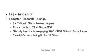 Amir Sedighi - 2015 5 /
● Its $ 4 Trillion BIG!
● Forrester Research Findings
– $ 4 Trillion in Global Losses pre year
– This amounts to 5% of Global GDP
– Globally, Merchants are paying $200 - $250 Billion in Fraud losses
– Finanial Services losing $ 12 – 15 Billion
30
 