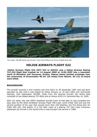 CG render: 5B-DBY being met by two F-16s of the Hellenic Air Force at flight level 340


                         HELIOS AIRWAYS FLIGHT 522
1Helios Airways Flight 522 (HCY 522 or ZU522) was a Helios Airways Boeing
737-31S flight that crashed on 14 August 2005 at 12:04 EEST into a mountain
north of Marathon and Varnavas, Greece. Rescue teams located wreckage near
the community of Grammatiko 40 km (25 miles) from Athens. All 121 on board
were killed.


BACKGROUND

The aircraft involved in this incident was first flown on 29 December 1997 and had been
operated by dba until it was leased by Helios Airways on 16 April 2004 and nicknamed
Olympia, with registration 5B-DBY. Aside from the downed aircraft, the Helios fleet
consisted of two leased Boeing 737-800s and an Airbus A319-111 delivered May 14, 2005.

With 121 dead, this was 2005's deadliest aircraft crash to that date (it was exceeded two
days later by the West Caribbean Airways Flight 708 crash, which killed 160) and was the
second accident of the year that caused more than 100 fatalities, the first being Kam Air
Flight 904 with 104 deaths. It is the 69th crash of a Boeing 737 (the most numerous
passenger jet aircraft in the world) since it was brought into service in 1968.




                                                                                         1
 