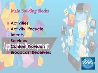  Activities
 Activity lifecycle
 Intents
 Services
 Content Providers
 Broadcast Receivers
 