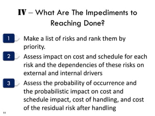 IV ‒ What Are The Impediments to
Reaching Done?
Make a list of risks and rank them by
priority.
Assess impact on cost and schedule for each
risk and the dependencies of these risks on
external and internal drivers
Assess the probability of occurrence and
the probabilistic impact on cost and
schedule impact, cost of handling, and cost
of the residual risk after handling
11
 